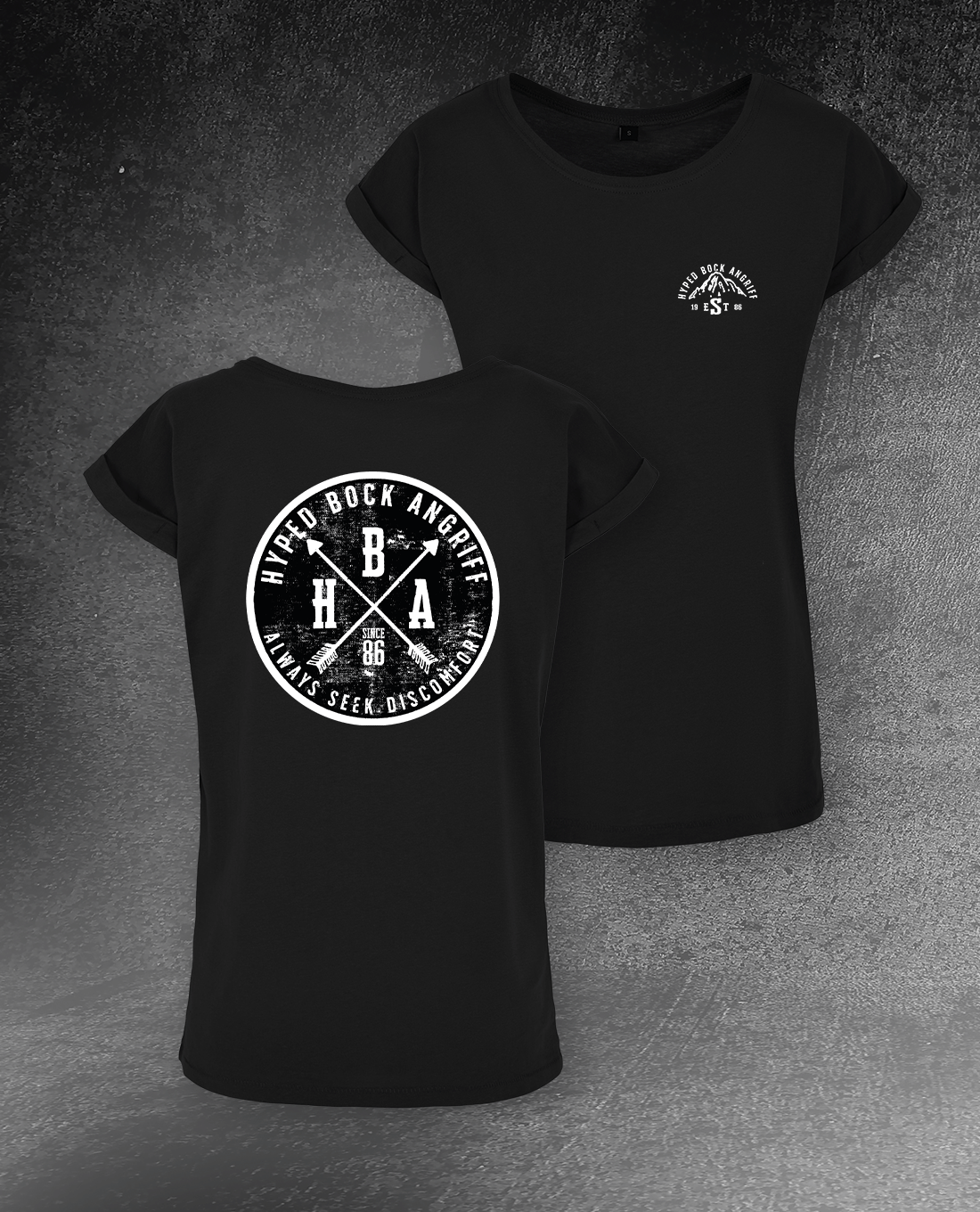 DAMEN T-SHIRT LONG TEE "HYPED BOCK ANGRIFF EST. 1986"